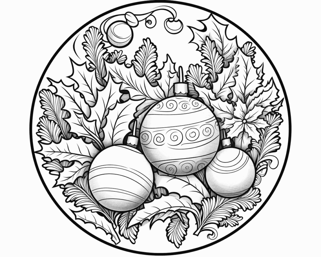 Розмальовка трьох ялинкових куль зі спіральками й смужками серед зубчастого листя в колі